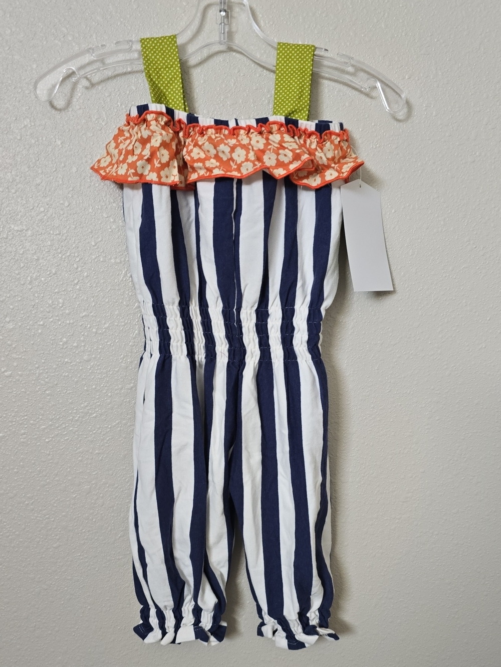 Fiona ROMPER Striped Navy & White Jumpsuit with Orange Floral Ruffle